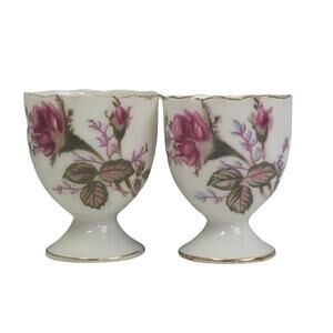 Pair of Vintage Made In Japan Ceramic China Pink Floral Flowers Egg Cups